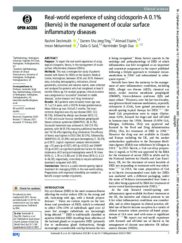 Real-world experience of using ciclosporin-A 0.1% (Ikervis) in the management of ocular surface inflammatory diseases Thumbnail