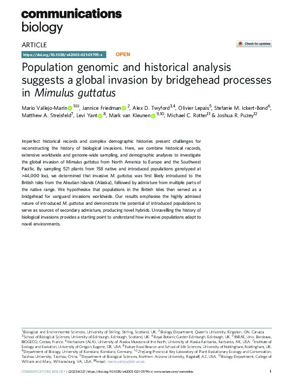 Population genomic and historical analysis suggests a global invasion by bridgehead processes in Mimulus guttatus Thumbnail