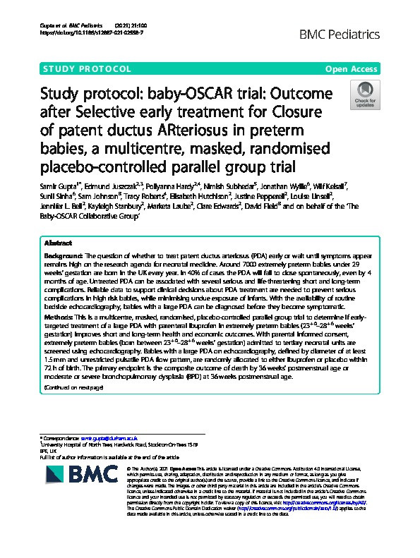 Study protocol: baby-OSCAR trial: Outcome after Selective early treatment for Closure of patent ductus ARteriosus in preterm babies, a multicentre, masked, randomised placebo-controlled parallel group trial Thumbnail