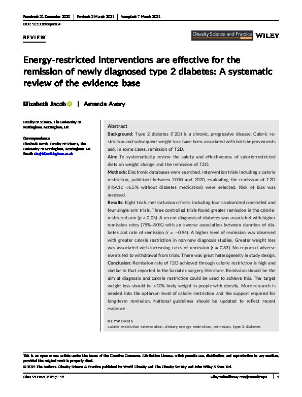 Energy-restricted interventions are effective for the remission of newly diagnosed type 2 diabetes: A systematic review of the evidence base Thumbnail
