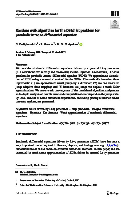 Random walk algorithm for the Dirichlet problem for parabolic integro-differential equation Thumbnail