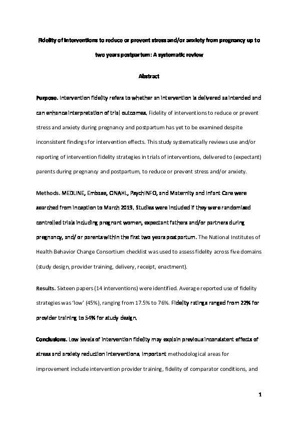 Fidelity of Interventions to Reduce or Prevent Stress and/or Anxiety from Pregnancy up to Two Years Postpartum: A Systematic Review Thumbnail