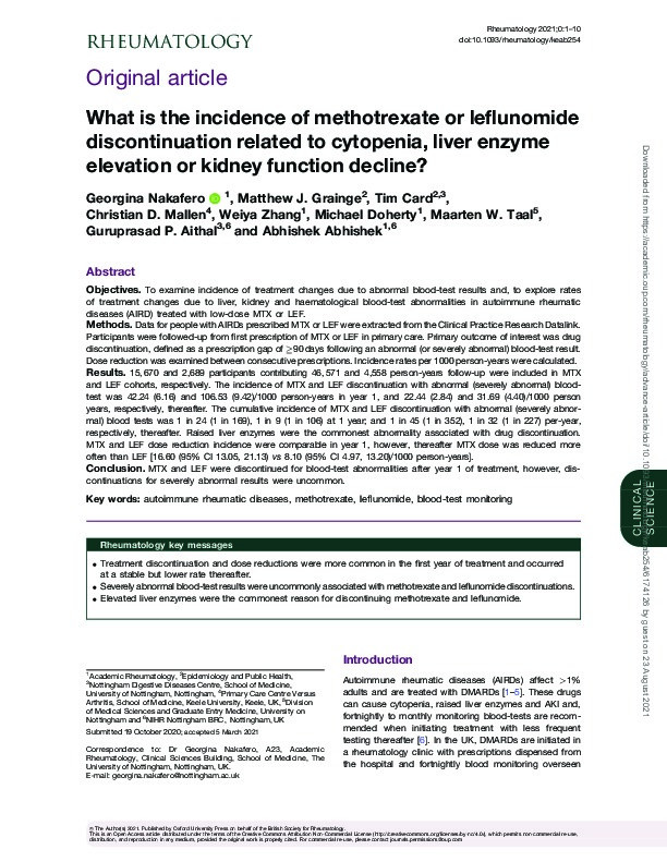 What is the incidence of methotrexate or leflunomide discontinuation related to cytopenia, liver enzyme elevation or kidney function decline? Thumbnail