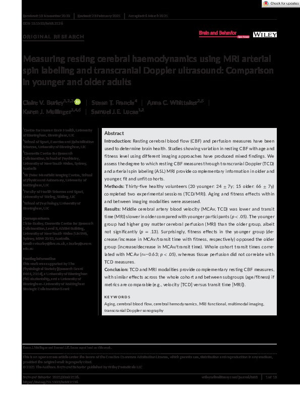 Measuring resting cerebral haemodynamics using MRI arterial spin labelling and transcranial Doppler ultrasound: comparison in younger and older adults Thumbnail