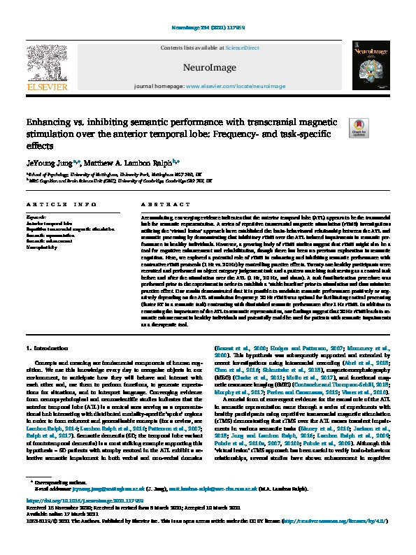 Enhancing vs. inhibiting semantic performance with transcranial magnetic stimulation over the anterior temporal lobe: frequency- and task-specific effects Thumbnail