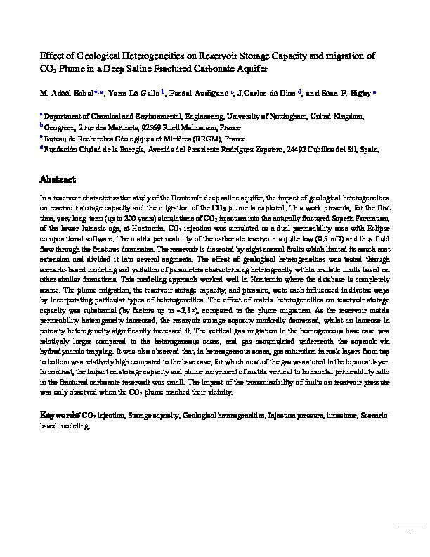 Effect of Geological Heterogeneities on Reservoir Storage Capacity and migration of CO 2 Plume in a Deep Saline Fractured Carbonate Aquifer Thumbnail