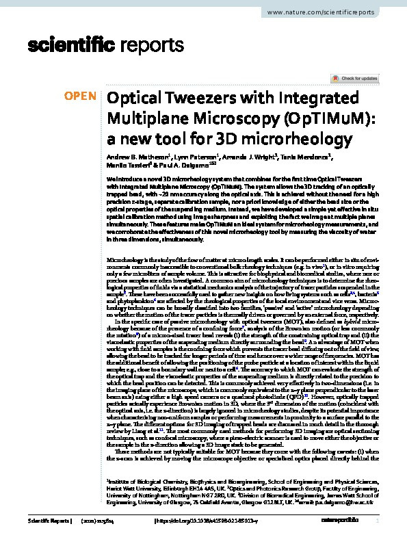 Optical Tweezers with Integrated Multiplane Microscopy (OpTIMuM): a new tool for 3D microrheology Thumbnail