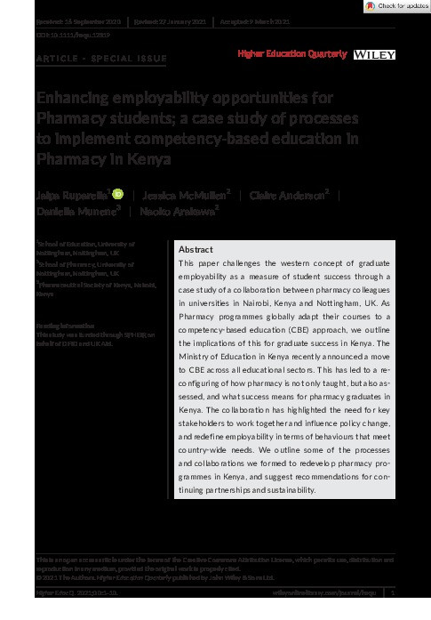 Enhancing employability opportunities for Pharmacy students; a case study of processes to implement competency‐based education in Pharmacy in Kenya Thumbnail