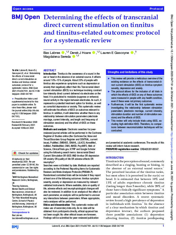 Determining the effects of transcranial direct current stimulation on tinnitus and tinnitus-related outcomes: protocol for a systematic review Thumbnail