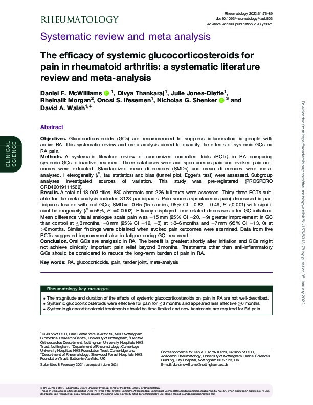 The efficacy of systemic glucocorticosteroids for pain in rheumatoid arthritis: a systematic literature review and meta-analysis Thumbnail