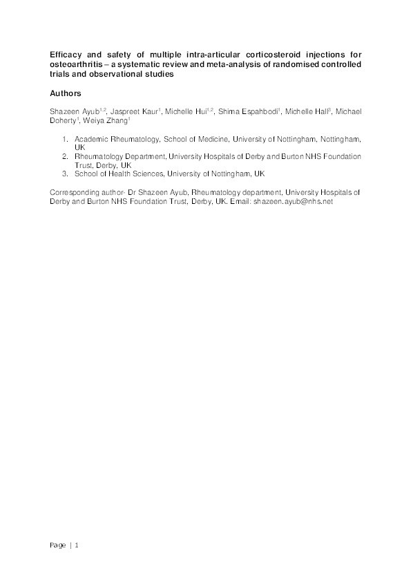 Efficacy and safety of multiple intra-articular corticosteroid injections for osteoarthritis—a systematic review and meta-analysis of randomized controlled trials and observational studies Thumbnail