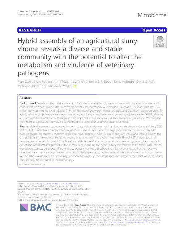 Hybrid assembly of an agricultural slurry virome reveals a diverse and stable community with the potential to alter the metabolism and virulence of veterinary pathogens Thumbnail