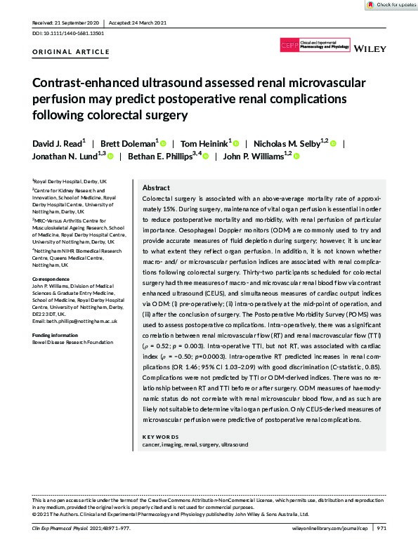 Contrast?enhanced ultrasound assessed renal microvascular perfusion may predict postoperative renal complications following colorectal surgery Thumbnail