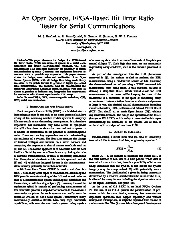 An Open Source, FPGA-Based Bit Error Ratio Tester for Serial Communications Thumbnail