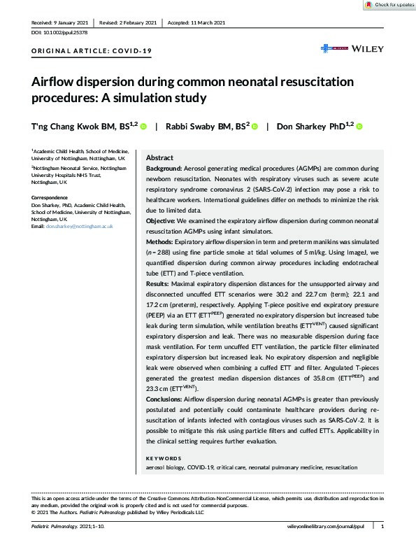 Airflow dispersion during common neonatal resuscitation procedures: A simulation study Thumbnail