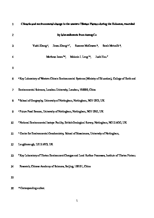 Climatic and environmental change in the western Tibetan Plateau during the Holocene, recorded by lake sediments from Aweng Co Thumbnail