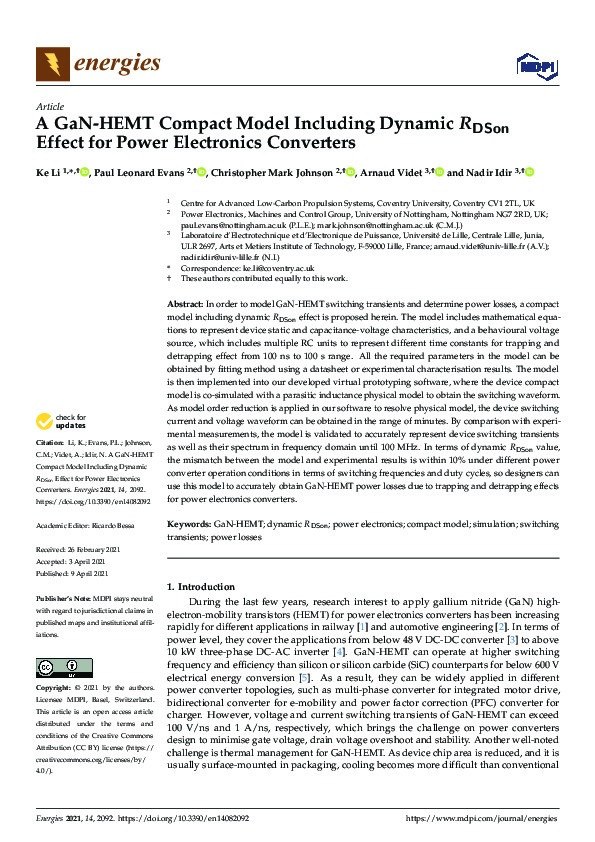 A GaN-HEMT Compact Model Including Dynamic RDSon Effect for Power Electronics Converters Thumbnail