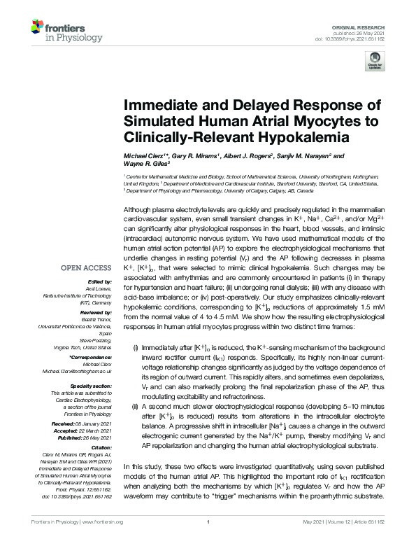 Immediate and Delayed Response of Simulated Human Atrial Myocytes to Clinically-Relevant Hypokalemia Thumbnail