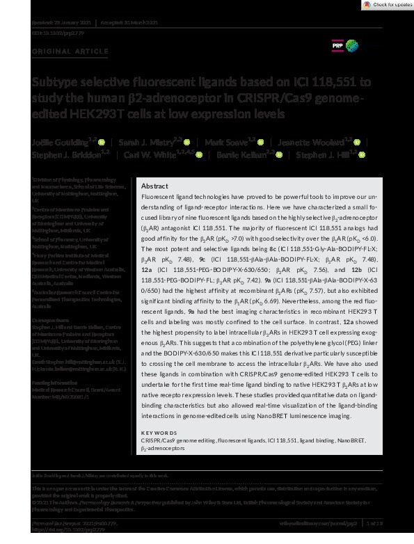 Subtype selective fluorescent ligands based on ICI 118,551 to study the human β2‐adrenoceptor in CRISPR/Cas9 genome‐edited HEK293T cells at low expression levels Thumbnail