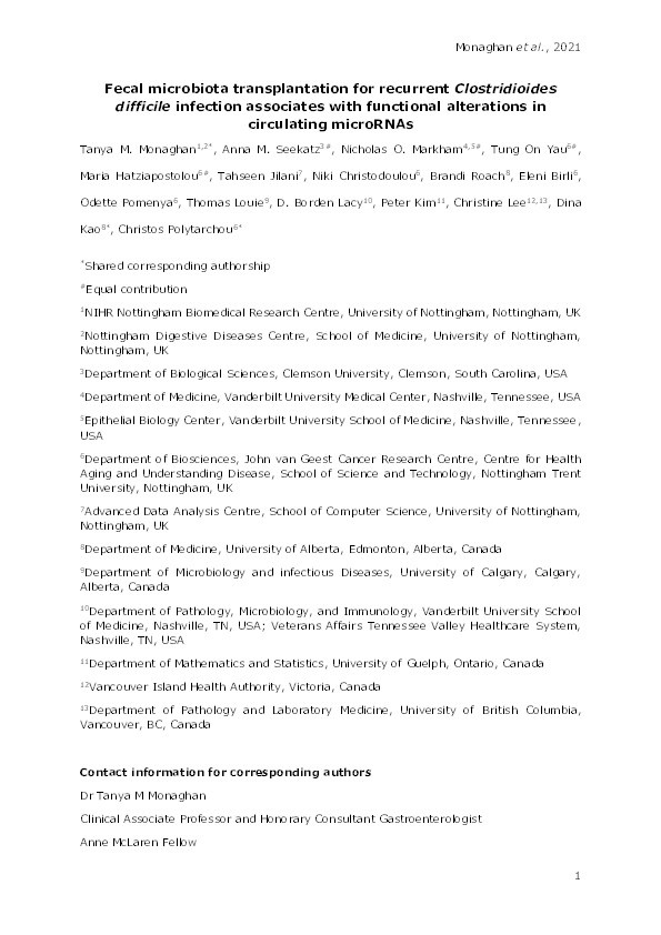 Fecal microbiota transplantation for recurrent Clostridioides difficile infection associates with functional alterations in circulating microRNAs Thumbnail