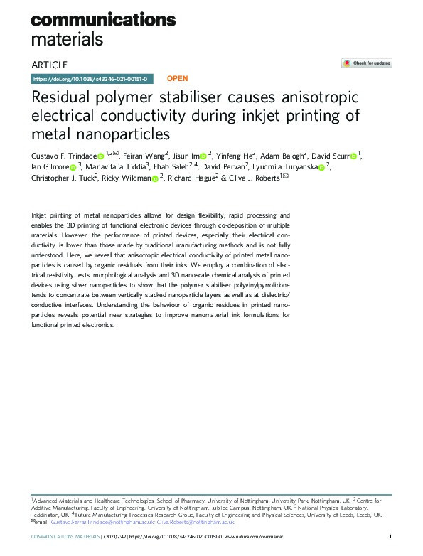 Residual polymer stabiliser causes anisotropic electrical conductivity during inkjet printing of metal nanoparticles Thumbnail