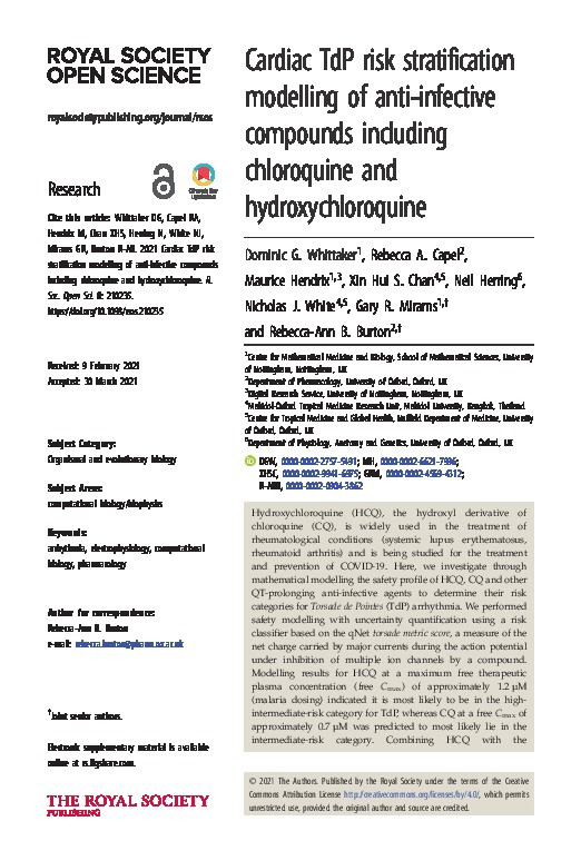 Cardiac TdP risk stratification modelling of anti-infective compounds including chloroquine and hydroxychloroquine Thumbnail