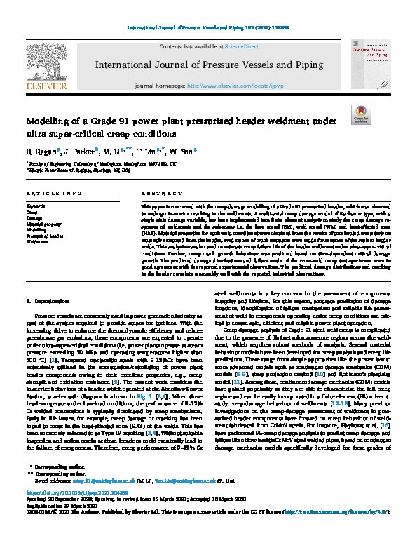 Modelling of a Grade 91 power plant pressurised header weldment under ultra super-critical creep conditions Thumbnail