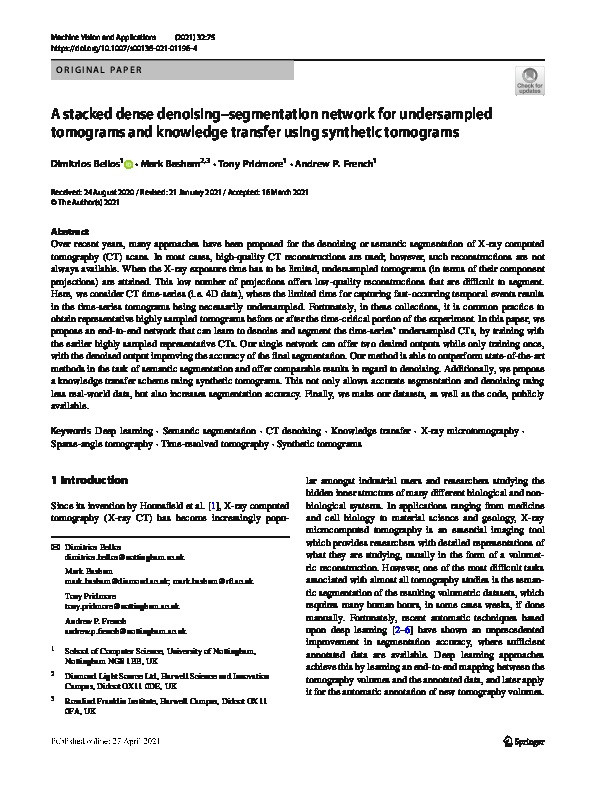 A stacked dense denoising–segmentation network for undersampled tomograms and knowledge transfer using synthetic tomograms Thumbnail