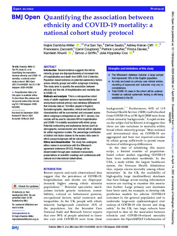 Quantifying the association between ethnicity and COVID-19 mortality: a national cohort study protocol Thumbnail