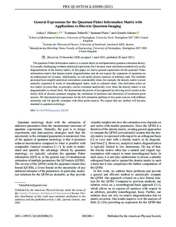 General Expressions for the Quantum Fisher Information Matrix with Applications to Discrete Quantum Imaging Thumbnail