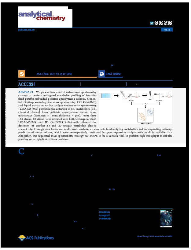 Sequential Orbitrap Secondary Ion Mass Spectrometry and Liquid Extraction Surface Analysis-Tandem Mass Spectrometry-Based Metabolomics for Prediction of Brain Tumor Relapse from Sample-Limited Primary Tissue Archives Thumbnail