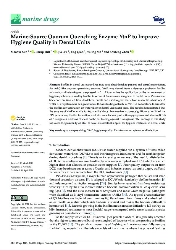 Marine-Source Quorum Quenching Enzyme YtnP to Improve Hygiene Quality in Dental Units Thumbnail