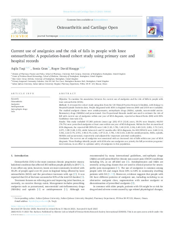 Current Use of Analgesics and the Risk of Falls in people with Knee Osteoarthritis: A Population-based Cohort Study Using Primary Care and Hospital Records Thumbnail