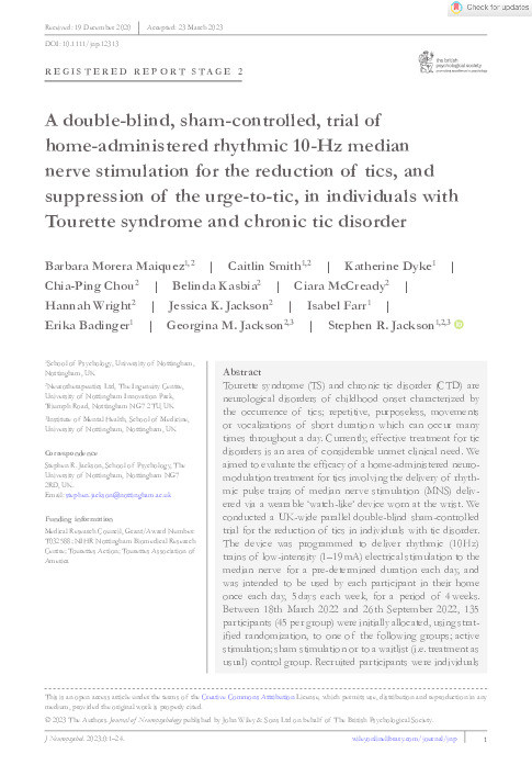 A double-blind, sham-controlled, trial of home-administered rhythmic 10-Hz median nerve stimulation for the reduction of tics, and suppression of the urge-to-tic, in individuals with Tourette syndrome and chronic tic disorder Thumbnail