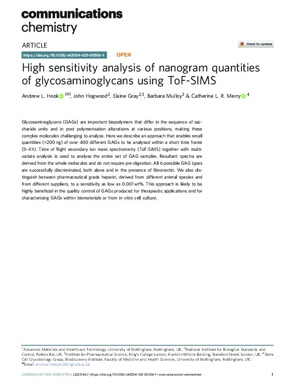 High sensitivity analysis of nanogram quantities of glycosaminoglycans using ToF-SIMS Thumbnail