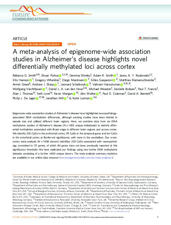 Meta-analysis of epigenome-wide association studies in Alzheimer's disease highlights novel differentially methylated loci across cortex Thumbnail