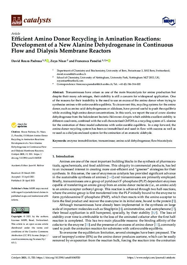 Efficient Amino Donor Recycling in Amination Reactions: Development of a New Alanine Dehydrogenase in Continuous Flow and Dialysis Membrane Reactors Thumbnail