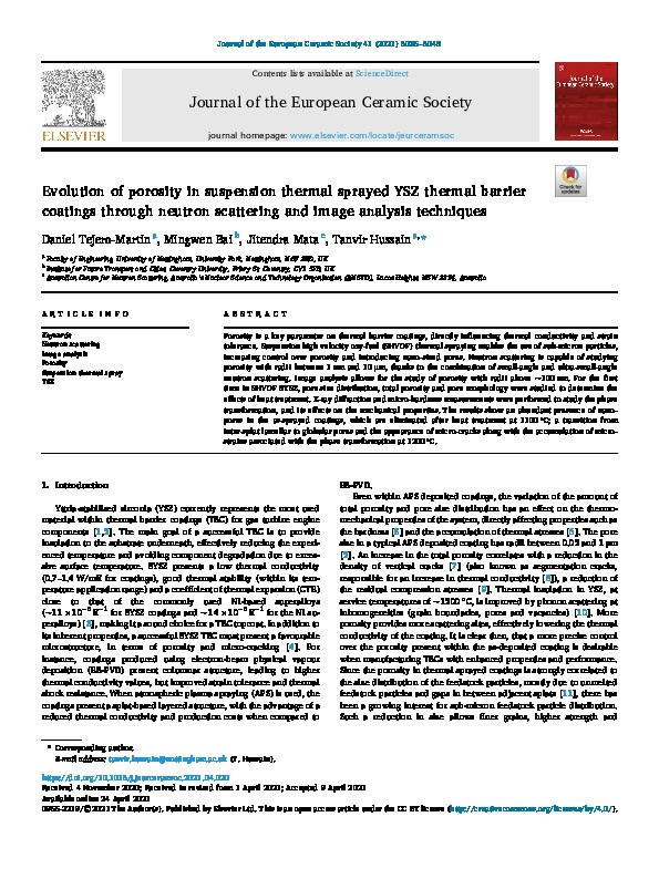 Evolution of Porosity in Suspension Thermal Sprayed YSZ Thermal Barrier Coatings through Neutron Scattering and Image Analysis Techniques Thumbnail