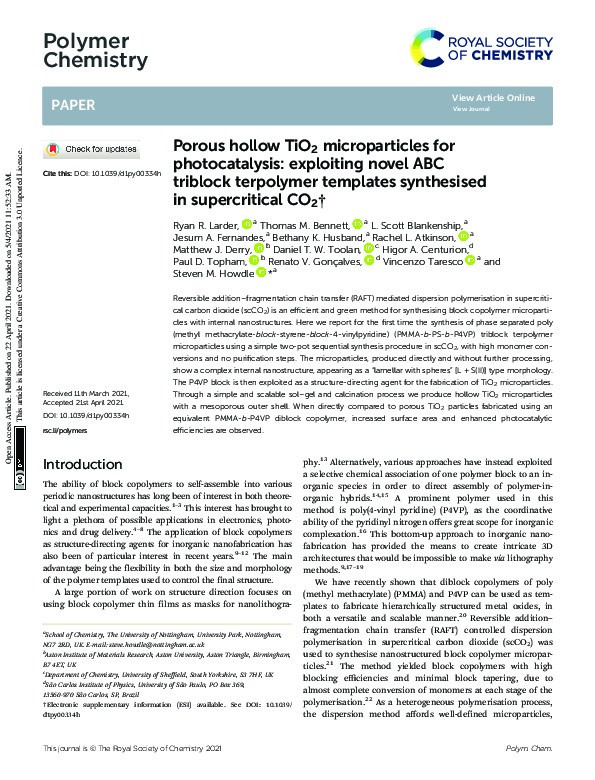 Porous hollow TiO2 microparticles for photocatalysis: exploiting novel ABC triblock terpolymer templates synthesised in supercritical CO2 Thumbnail