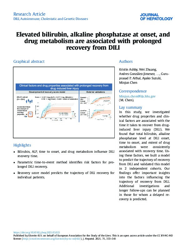 Elevated bilirubin, alkaline phosphatase at onset, and drug metabolism are associated with prolonged recovery from DILI Thumbnail