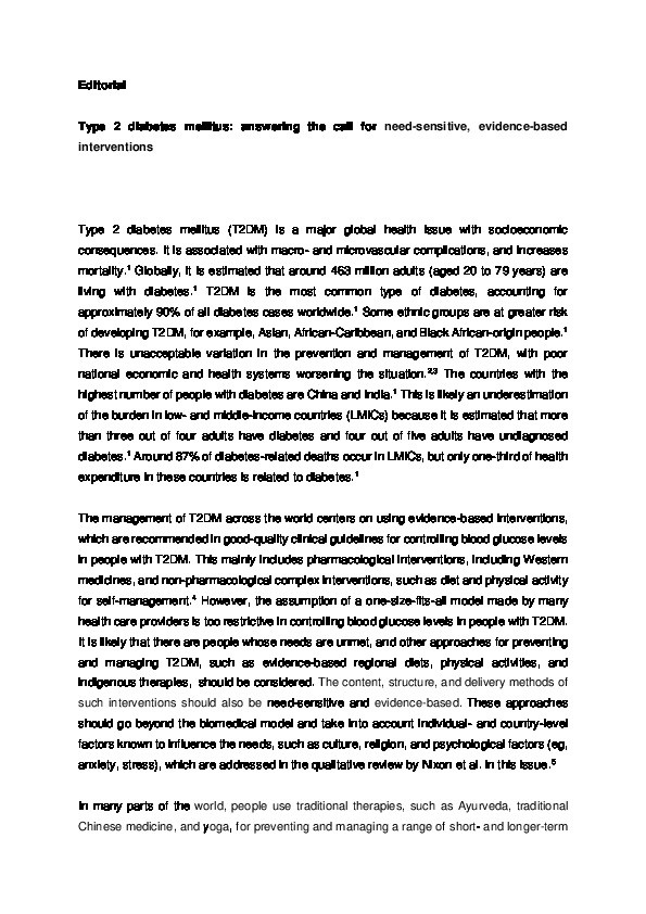 Type 2 diabetes mellitus: answering the call for need-sensitive, evidence-based interventions Thumbnail