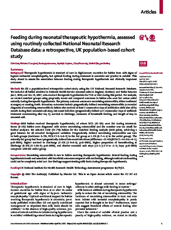 Feeding during neonatal therapeutic hypothermia, assessed using routinely collected National Neonatal Research Database data: a retrospective, UK population-based cohort study Thumbnail