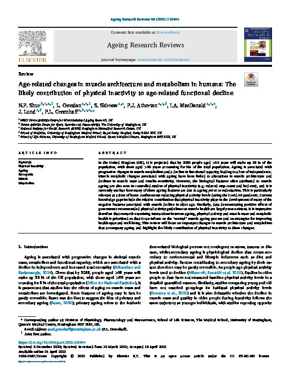 Age-related changes in muscle architecture and metabolism in humans: The likely contribution of physical inactivity to age-related functional decline Thumbnail