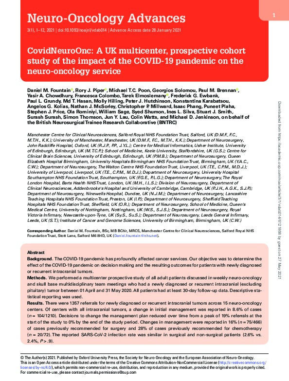 CovidNeuroOnc: a UK multi-centre, prospective cohort study of the impact of the COVID-19 pandemic on the neuro-oncology service Thumbnail