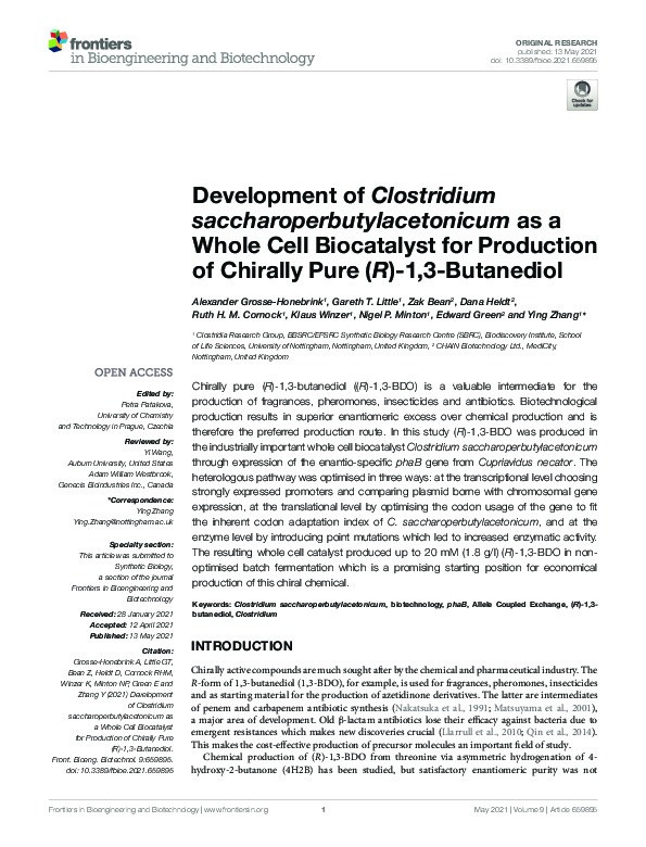 Development of Clostridium saccharoperbutylacetonicum as a Whole Cell Biocatalyst for Production of Chirally Pure (R)-1,3-Butanediol Thumbnail