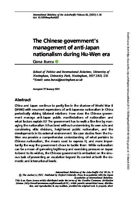 The Chinese government's management of anti-Japan nationalism during Hu-Wen era Thumbnail