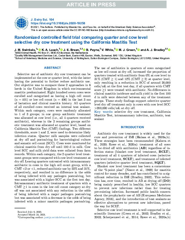 Randomized controlled field trial comparing quarter and cow level selective dry cow treatment using the California Mastitis Test Thumbnail