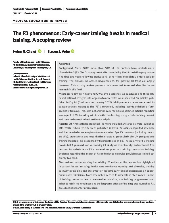 The F3 phenomenon: Early‐career training breaks in medical training. A scoping review Thumbnail