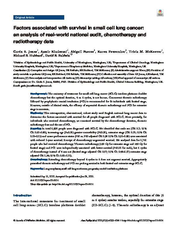 Factors associated with survival in small cell lung cancer: an analysis of real-world national audit, chemotherapy and radiotherapy data Thumbnail