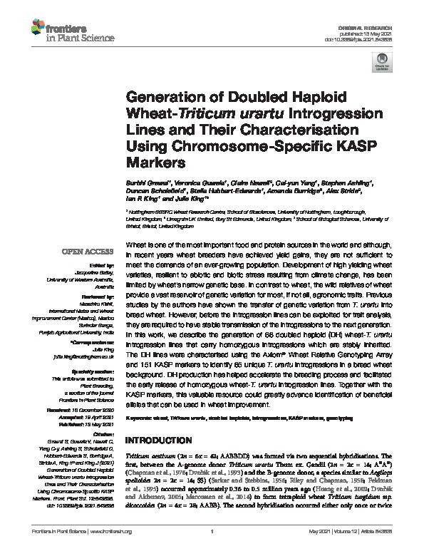Generation of Doubled Haploid Wheat-Triticum urartu Introgression Lines and Their Characterisation Using Chromosome-Specific KASP Markers Thumbnail